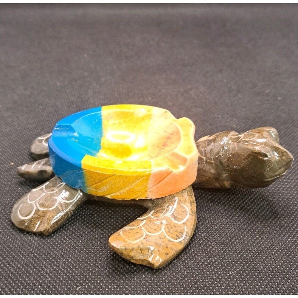 Galapagos Sea Turtle Clay Pottery Ashtray Hand Painted Folk Art 5x4 VTG Souvenir
